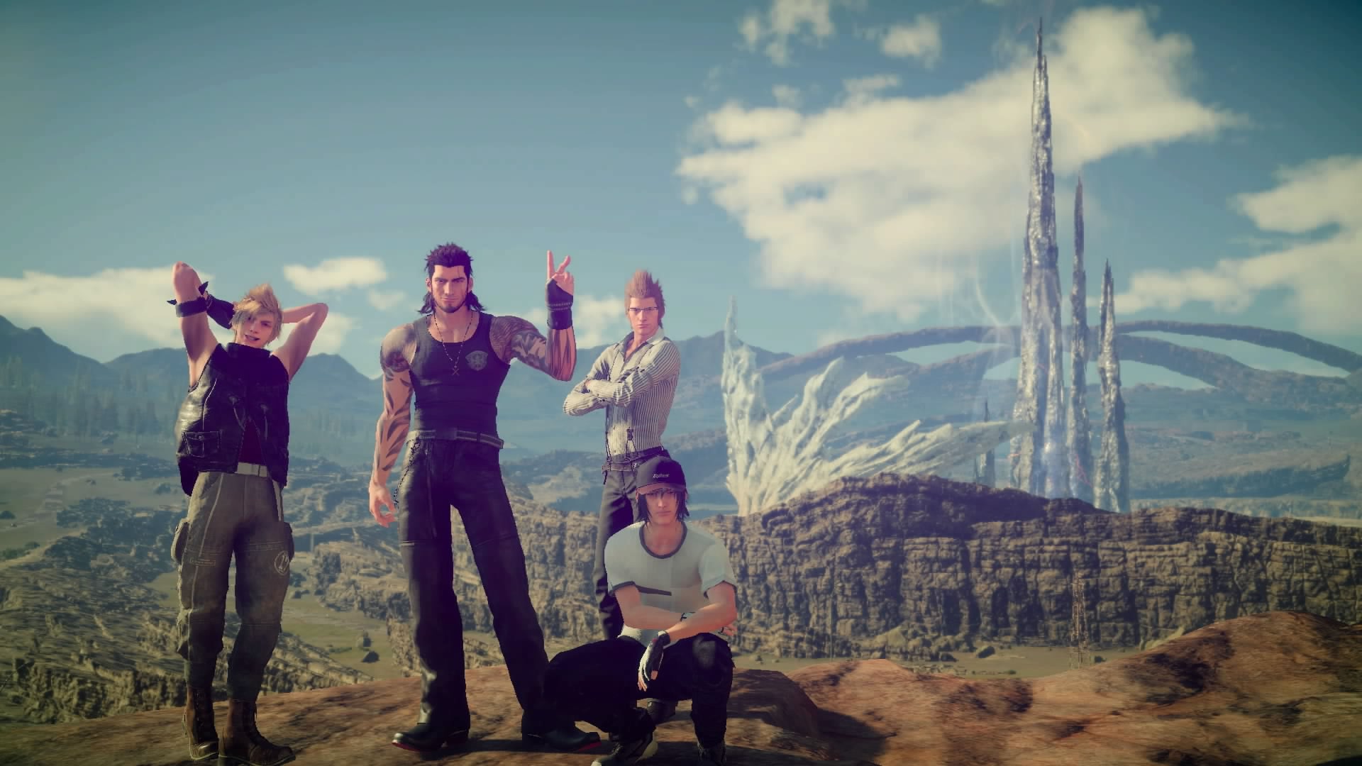 Noctis and his friends posing for a group photo.