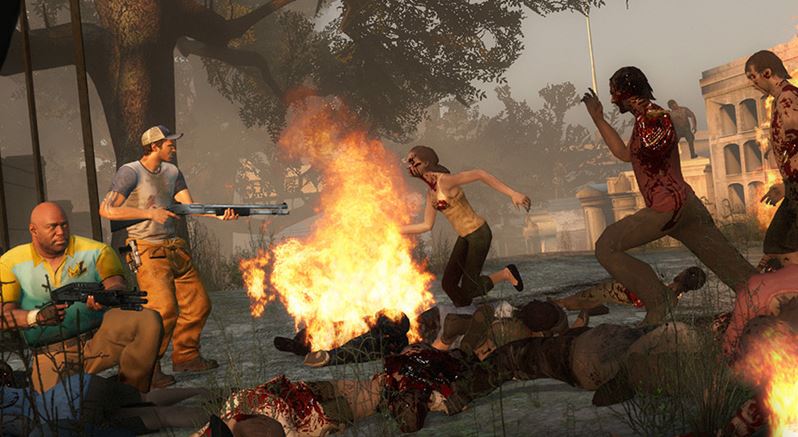 Several players fighting around a campfire