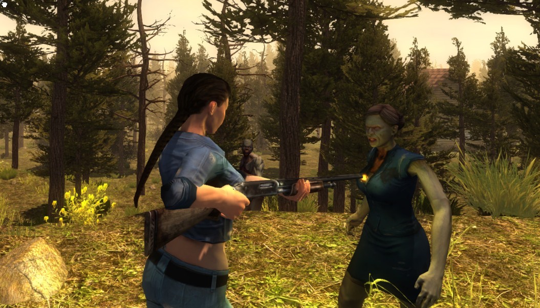 A woman blasts a zombie with a shotgun in 7 Days to Die