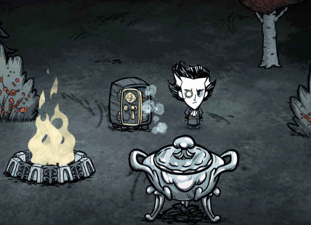 A man stands near a bonfire in Don't Starve Together