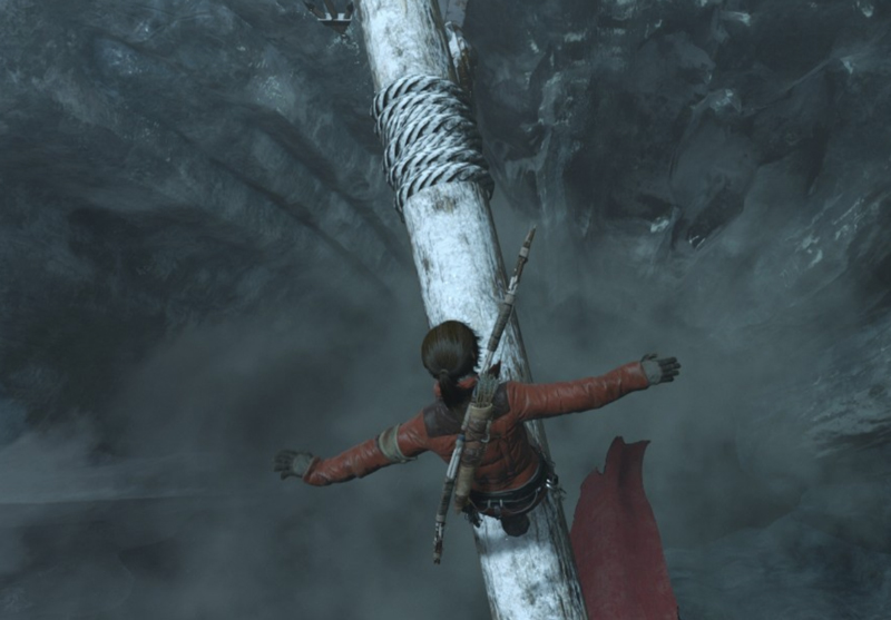 Balancing act: Lara traverses carefully as she explores an icy tomb.