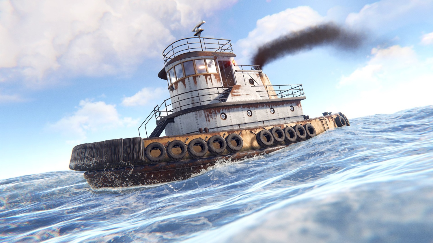 A tug boat in Rust emitting lots of black smoke, made from particles in game.